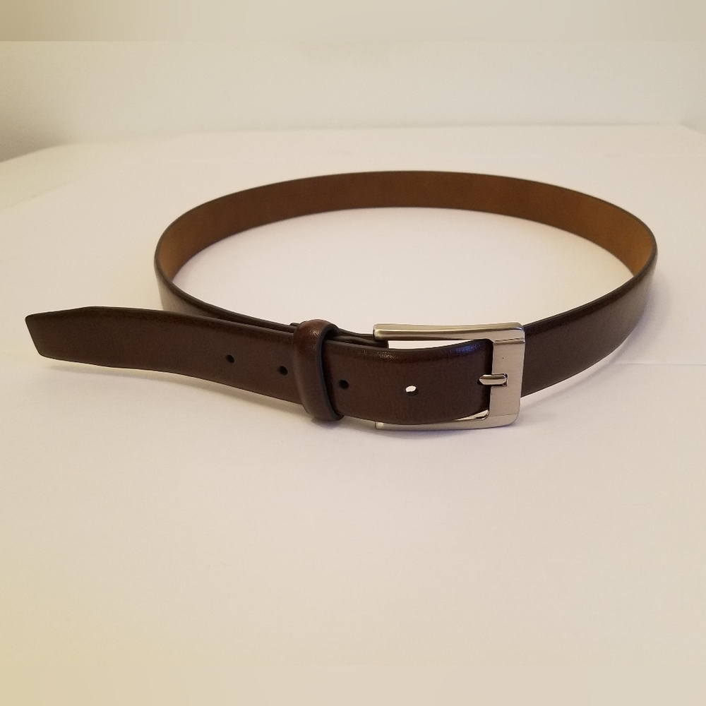 Men's Genuine Leather Belt Brown Silver Tone Square Buckle Size 38